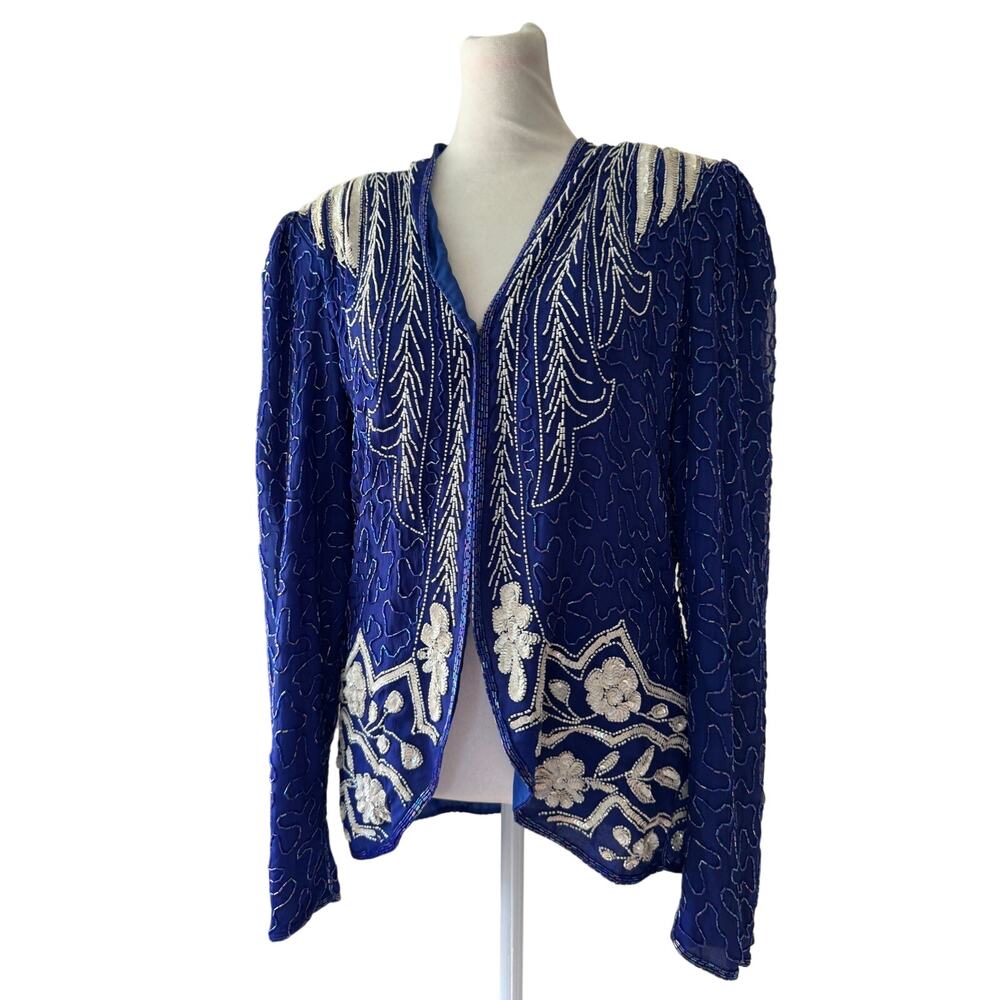 Vintage ‘90s Baluchi Creation 100% Silk Blue Beaded Sequined Evening Jacket